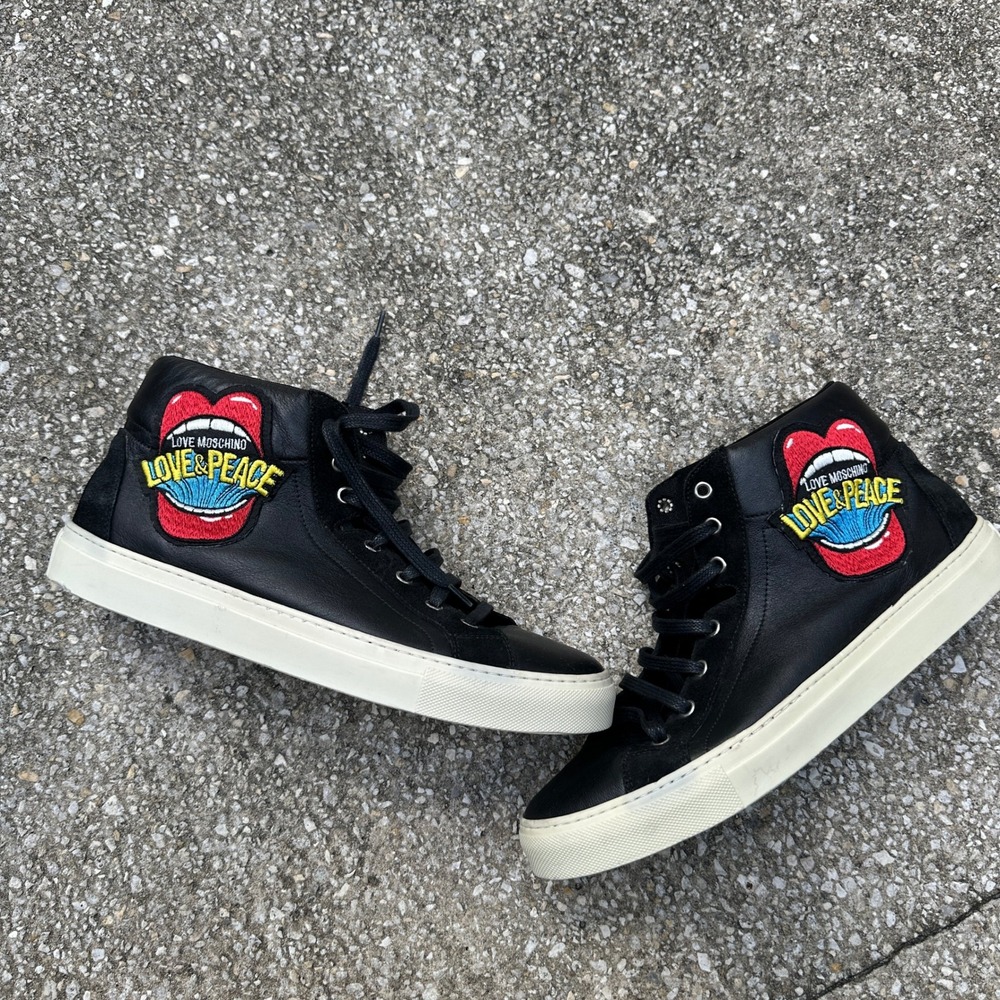 Love Moschino Black Leather High Top Sneakers Love & Peace Patch Women Size 10.5